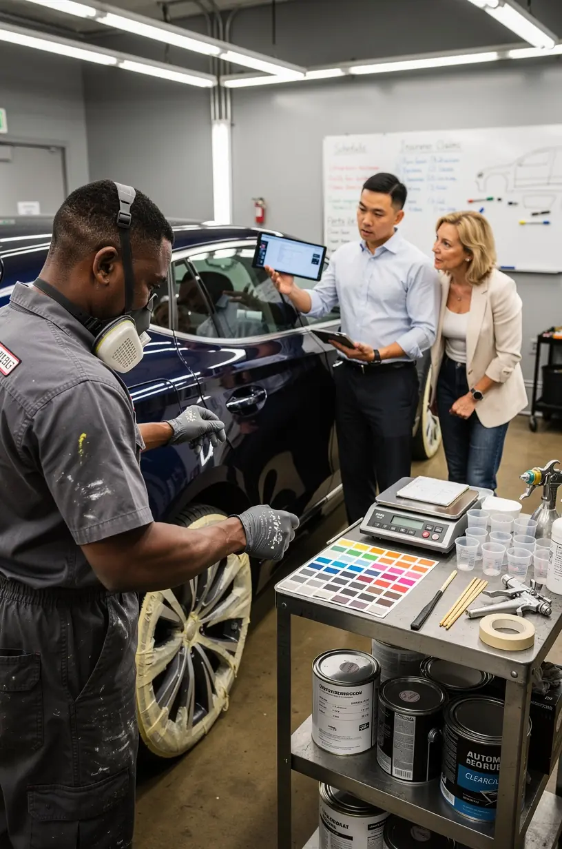 Paint restoration expert matching custom paint colors to restore a car’s original finish.