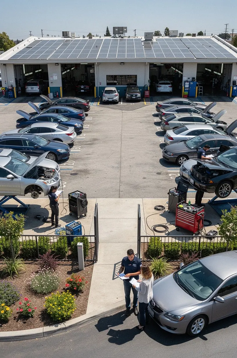 Customer discussing repair options with a service advisor at a collision repair center in Los Angeles.